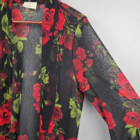 EMBER Mid Length Sheer Duster Kimono 3/4 Sleeves Floral Red Black Womens Size M - Picture 3 of 14